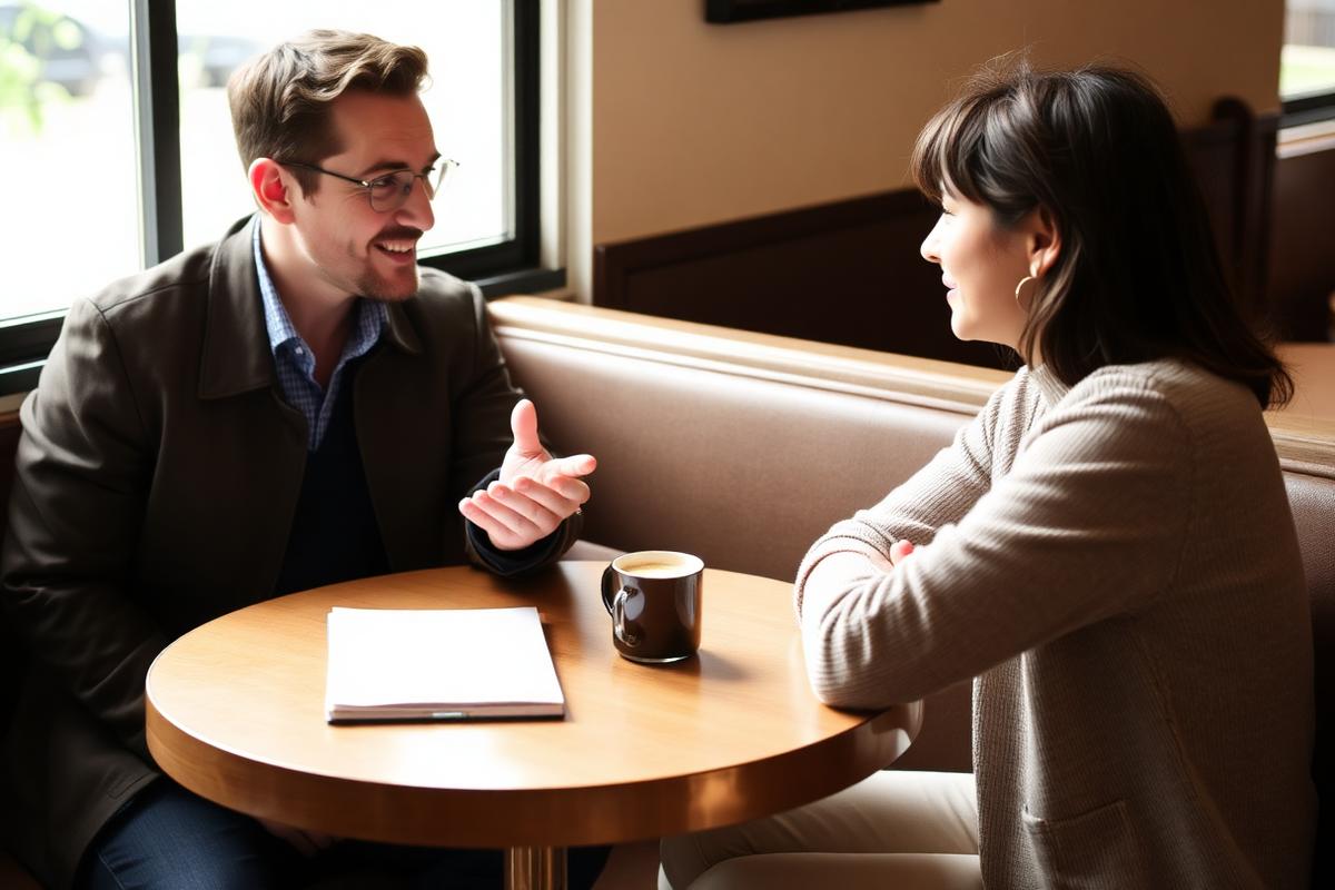 Two people talking through a business problem over coffee